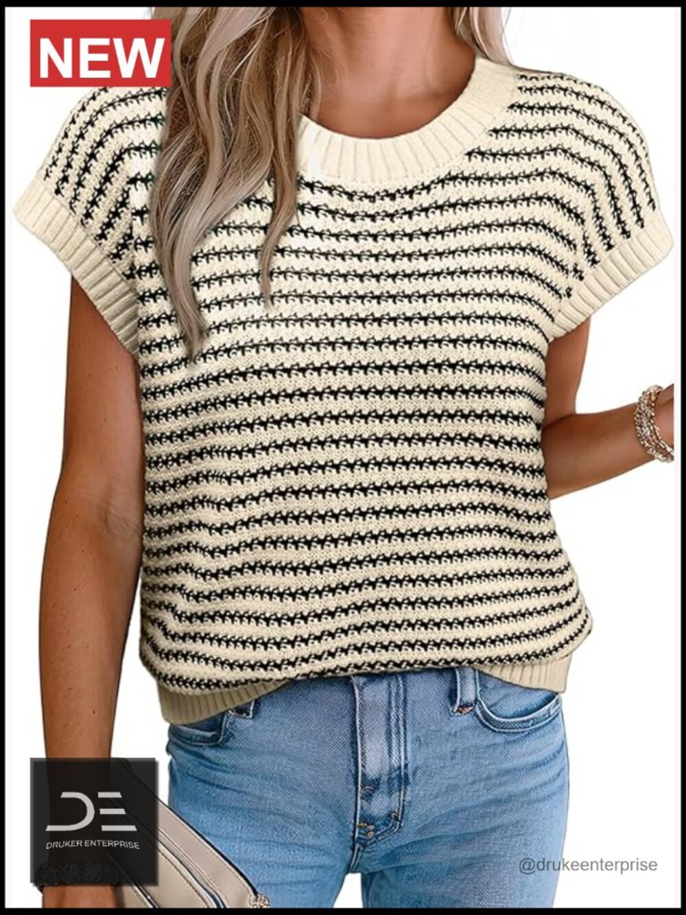 Sweater Vest Striped Pullover Tank Top Round Neck Cap Sleeve Lightweight